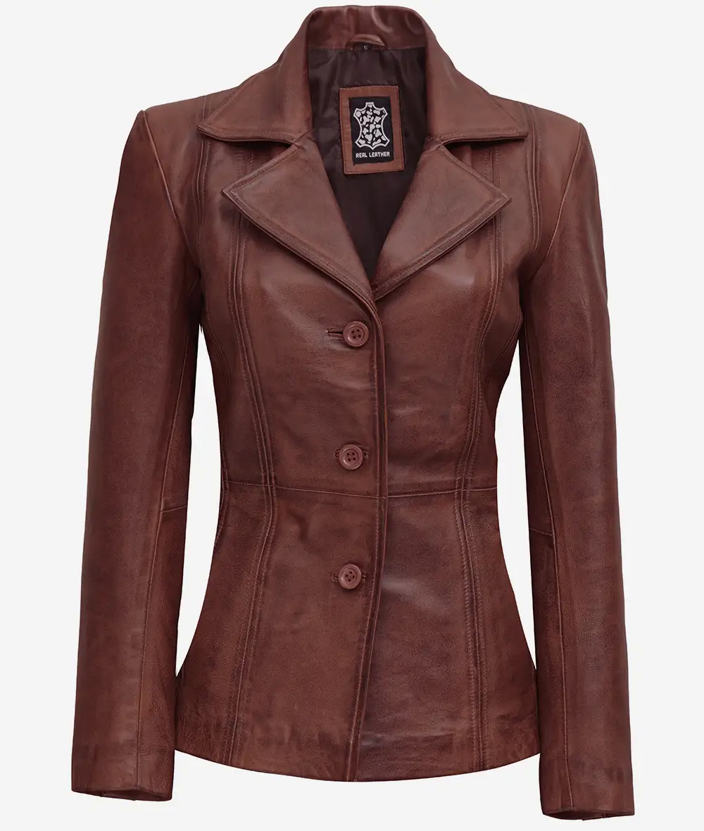 Women's Button Down 3/4 Length Cognac Leather Jacket