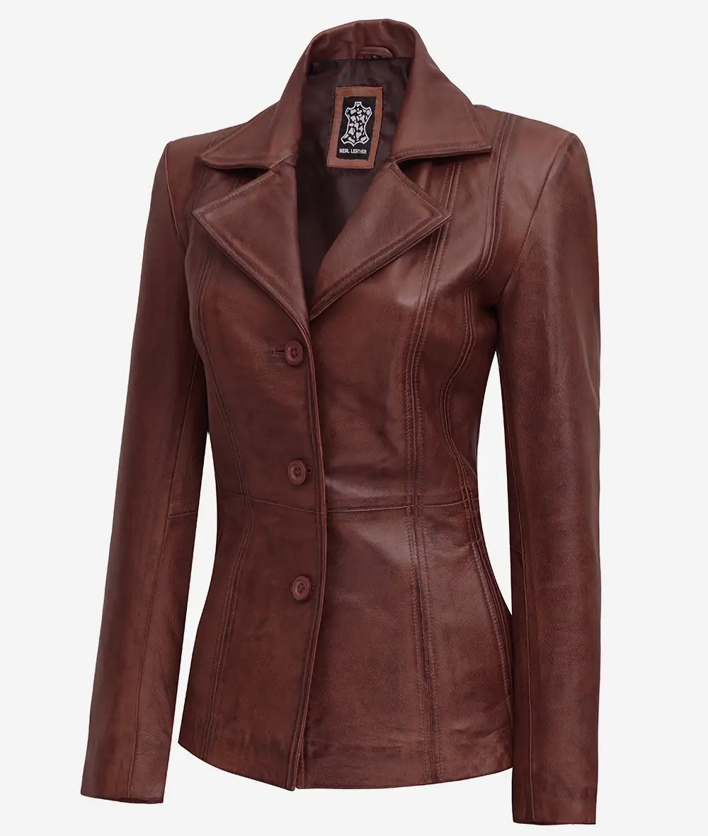 Women's Button Down 3/4 Length Cognac Leather Jacket