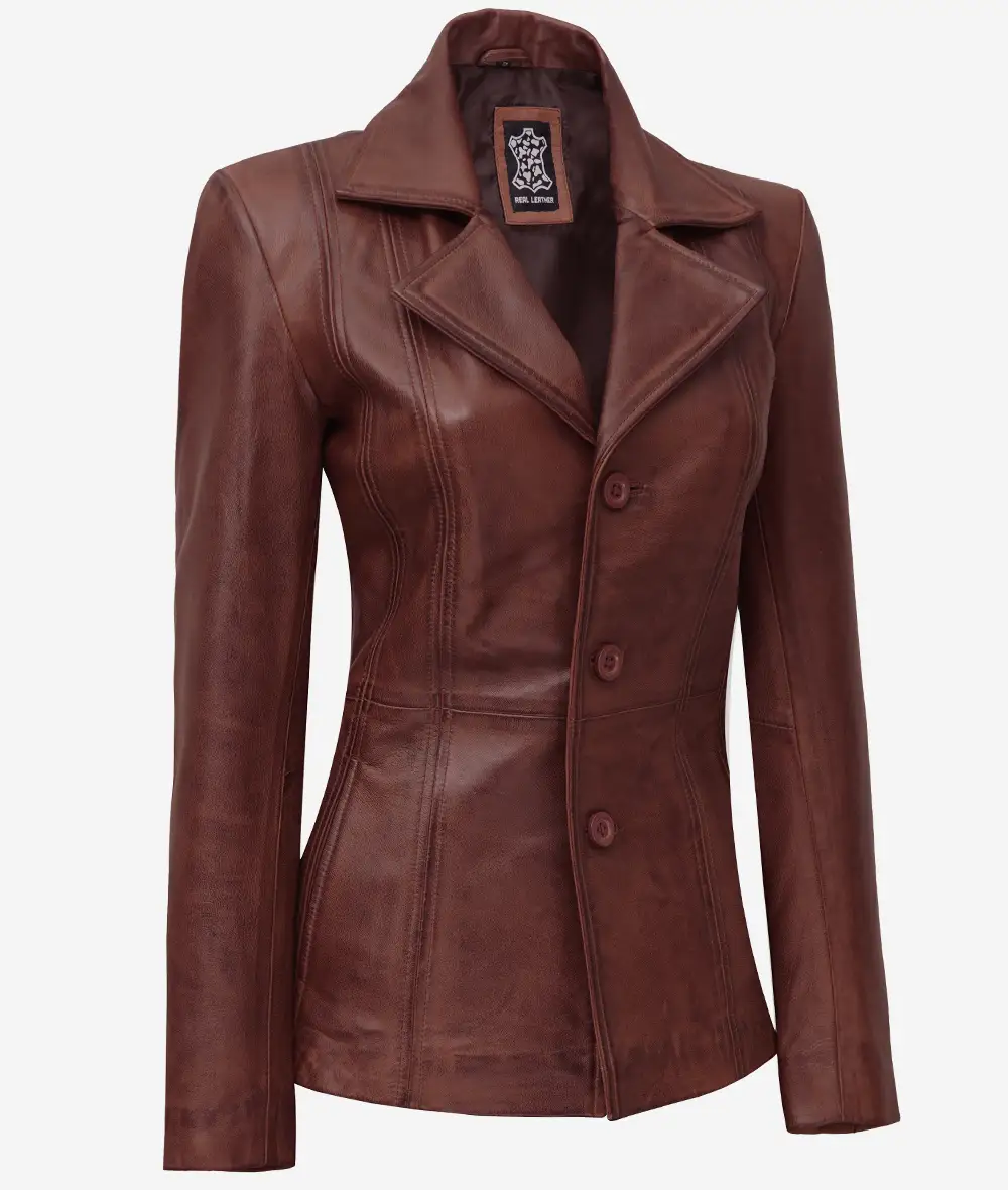 Women's Button Down 3/4 Length Cognac Leather Jacket