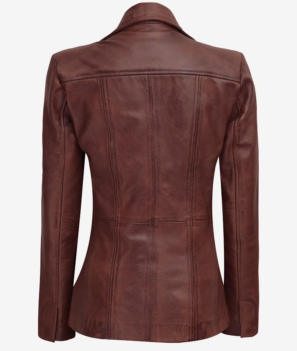 Women's Button Down 3/4 Length Cognac Leather Jacket