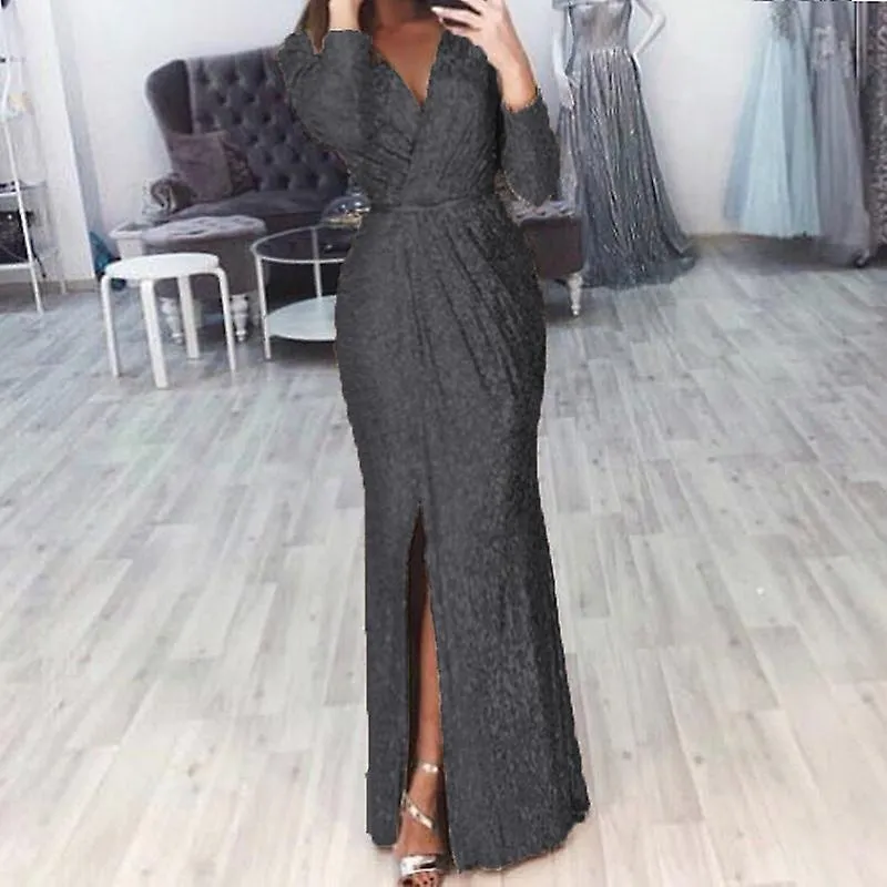 Women's Long Formal Dress Sequin Bodycon Women Solid Color Long Sleeve V-neck Dress Wedding Guest Dresses For Women