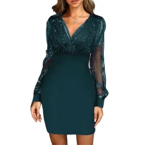 Women's Sexy Sequin Dresses Night Out Long Sleeve Summer Mini Dress Bodycon For Party Dating Club