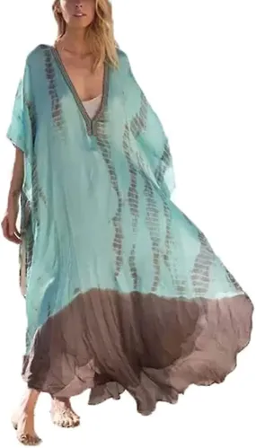 Womens Plus Size Beach Dresses Caftan V-neck Print Turkish Robe Kaftan Long