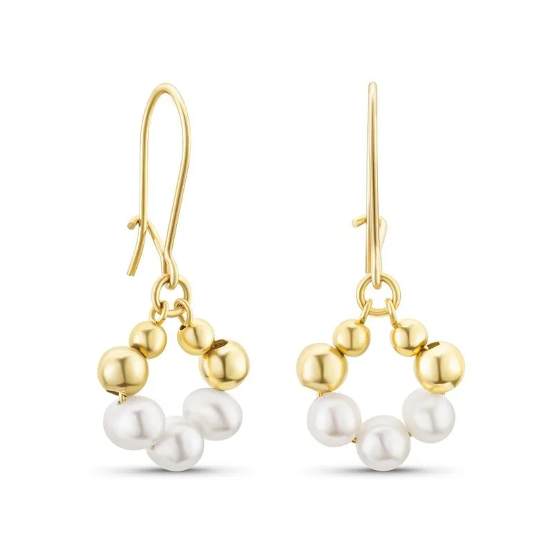 Yellow gold dangling earrings with pearl and gold beads