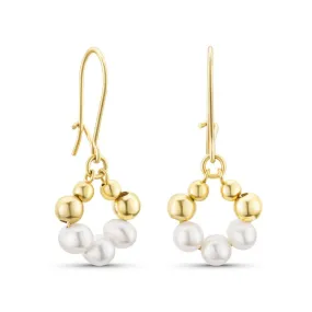 Yellow gold dangling earrings with pearl and gold beads