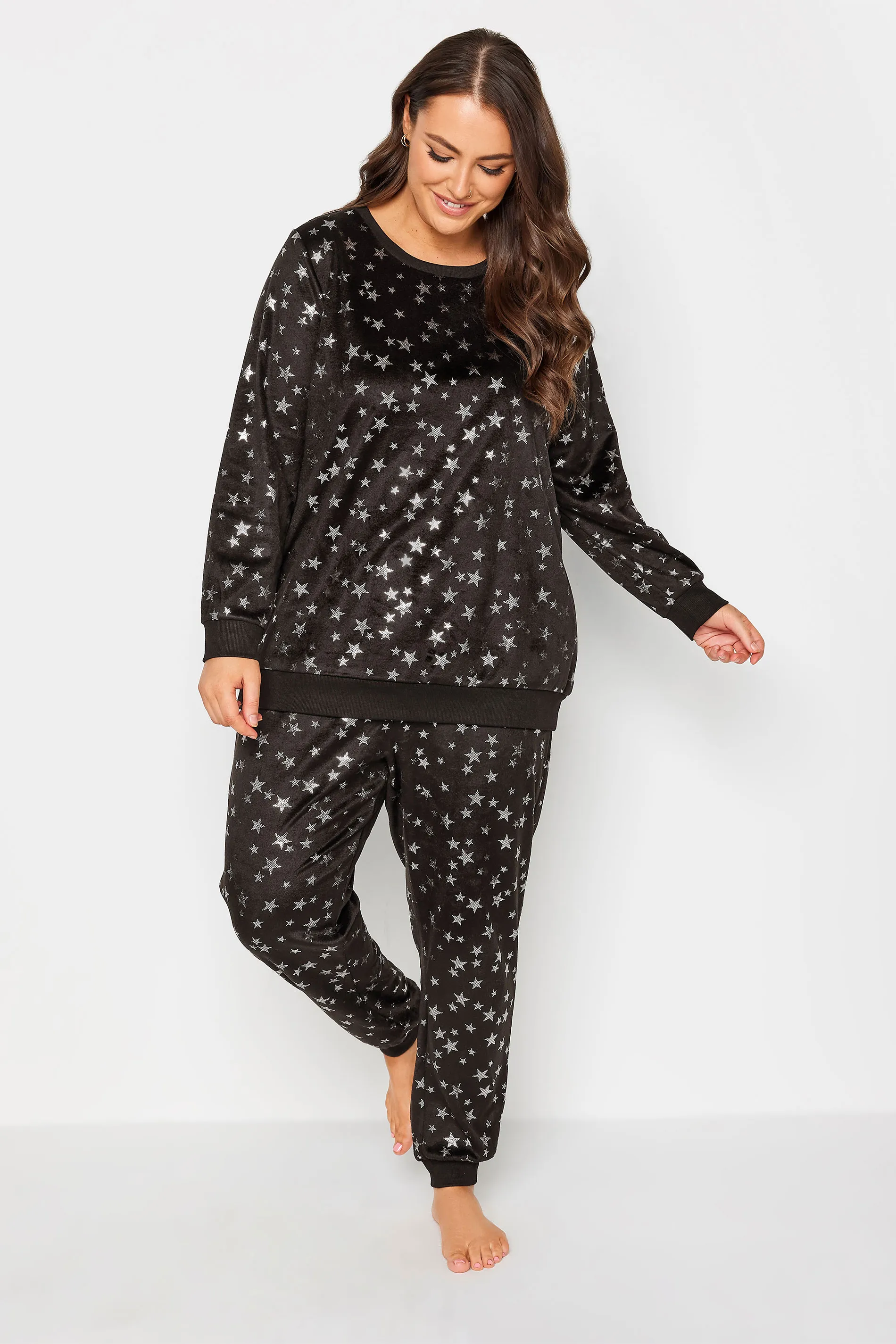 YOURS Curve Black Foil Star Print Fleece Lounge Set