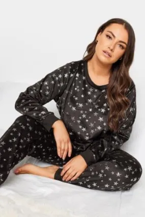 YOURS Curve Black Foil Star Print Fleece Lounge Set