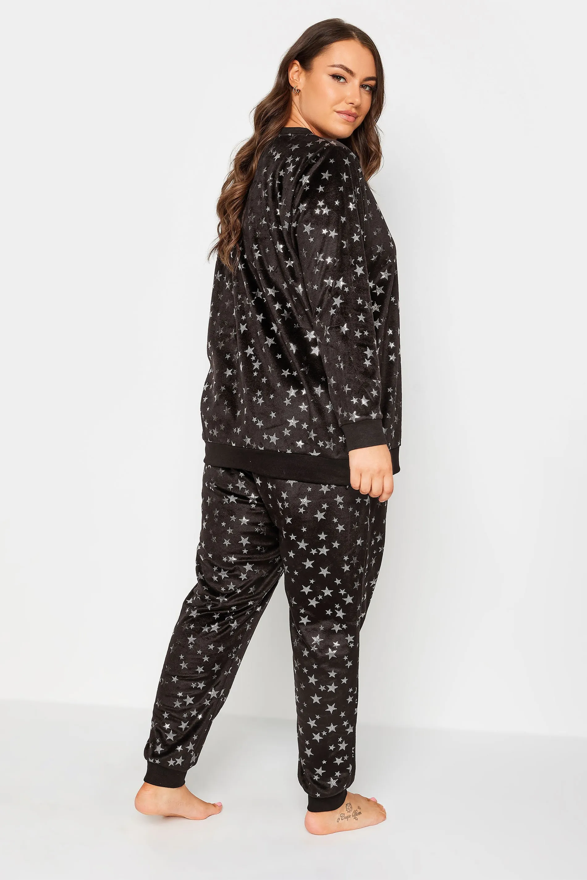 YOURS Curve Black Foil Star Print Fleece Lounge Set